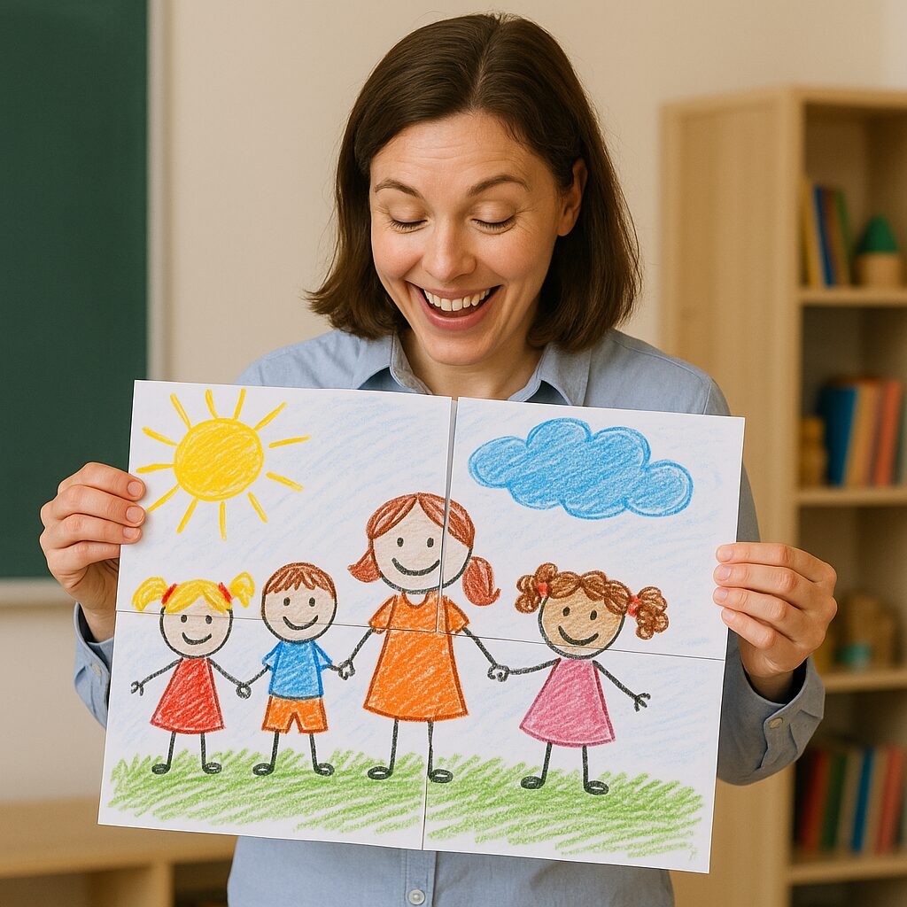 Bērnudārza skolotāja ar bērnu zīmējumu Skolotāju dienā
