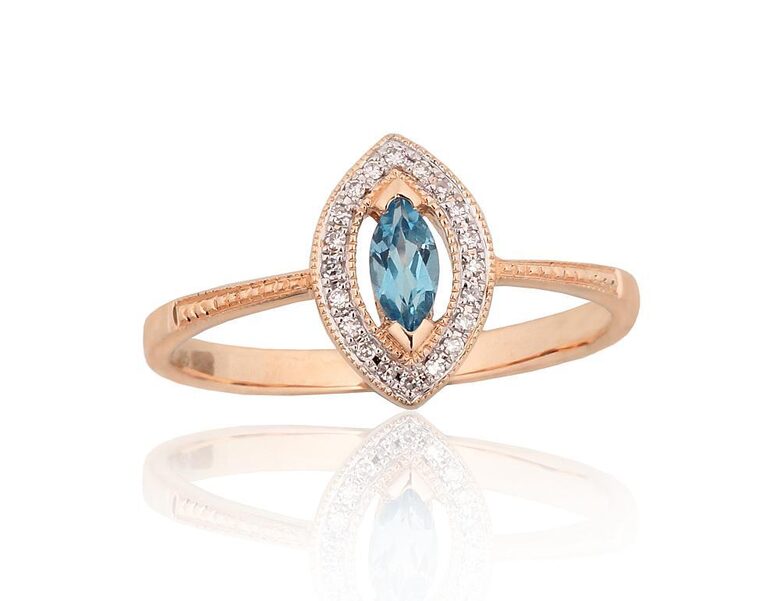 Zelta gredzens ar briljantiem un zilo topāzu, Sarkanais Zelts 585°, 17