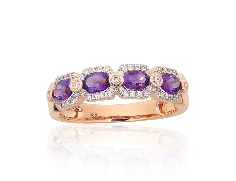 Zelta gredzens ar ametistu un briljantiem, Sarkanais zelts 585°, 18 izm.