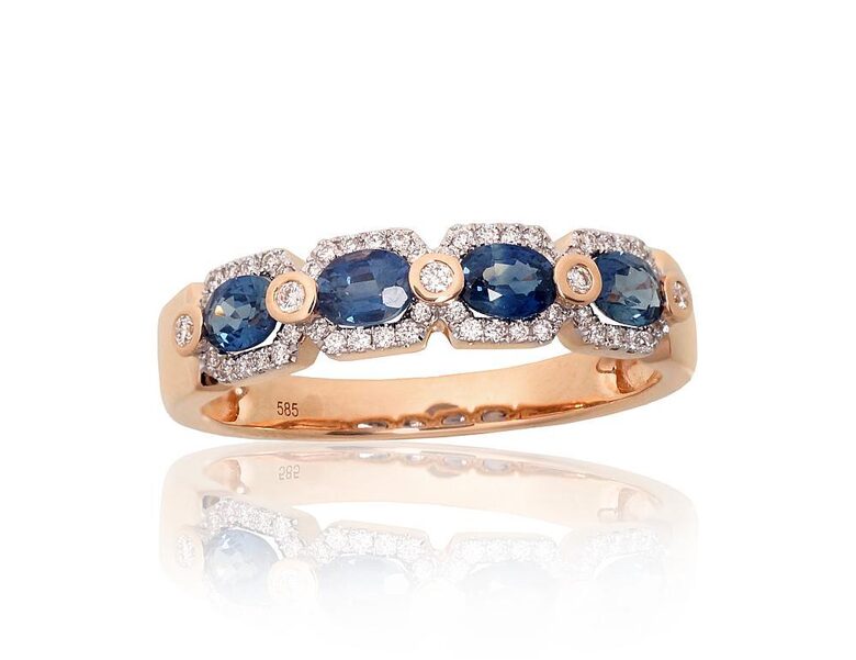 Zelta gredzens ar safīru un briljantiem, 585° rodijs, 18.5 izm.