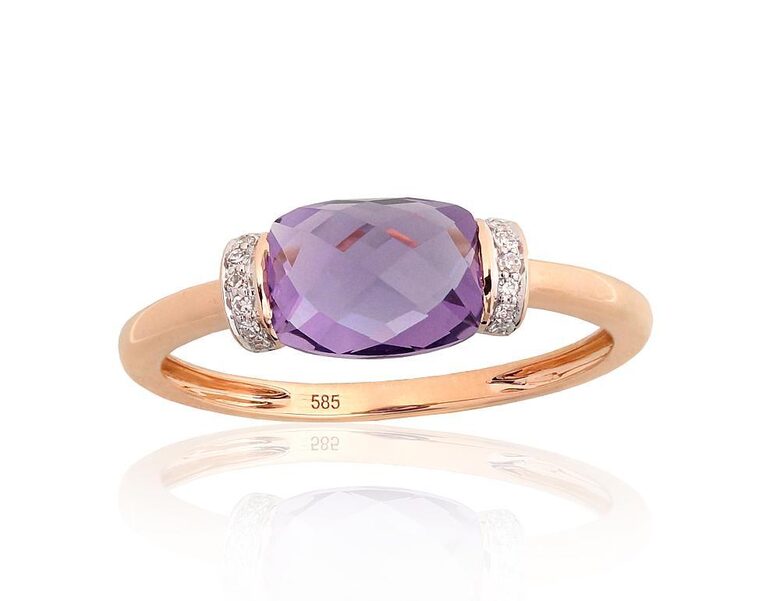 Zelta gredzens ar ametistu un briljantiem, Sarkanais zelts 585°, rodijs, 17.5 izm.