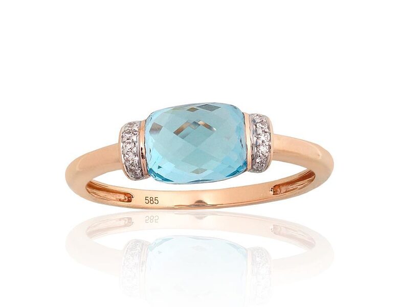 Zelta gredzens ar zilo topāzu un briljantiem, 585° sarkanais zelts ar rodija pārklājumu, 19 izmērs