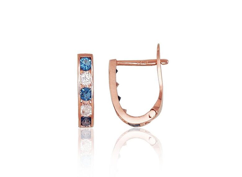 Золотые серьги с синими и белыми цирконами, красное золото 585°, английский замок