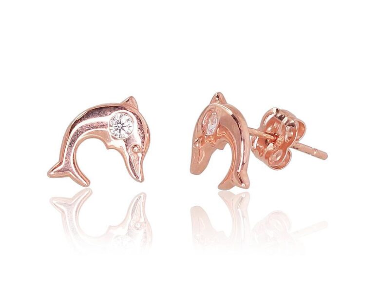 Bērnu zelta auskari-nagliņas “Delfīns”, cirkoni, 585° sarkanais zelts