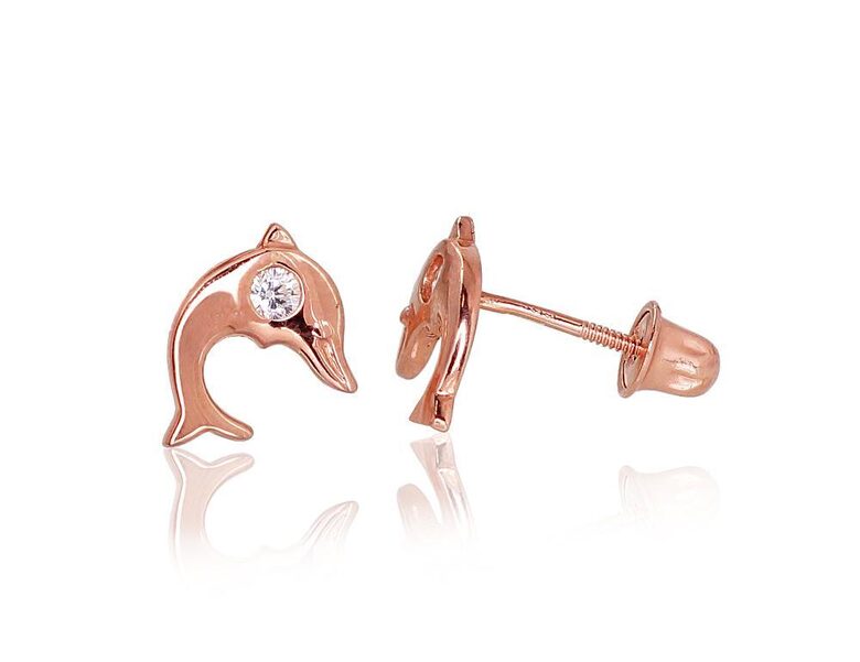 Bērnu zelta auskari-nagliņas ar skrūvēm “Delfīns”, cirkoni, 585° sarkanais zelts