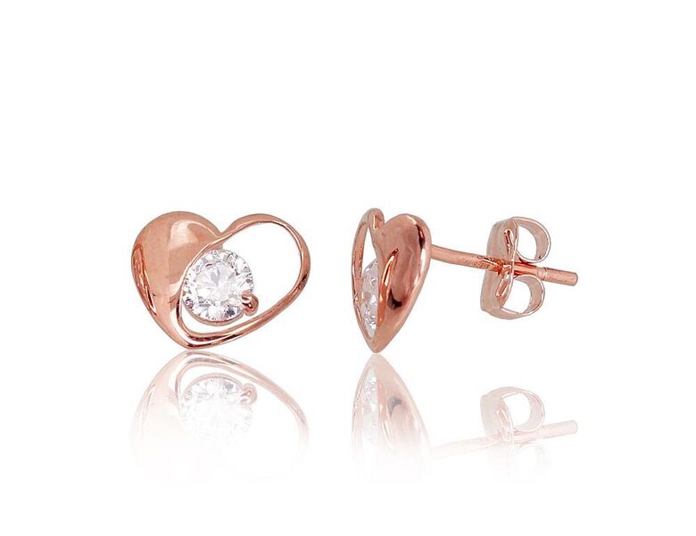 Золотые серьги-пусеты «Сердце» с белыми цирконами, красное золото 585°