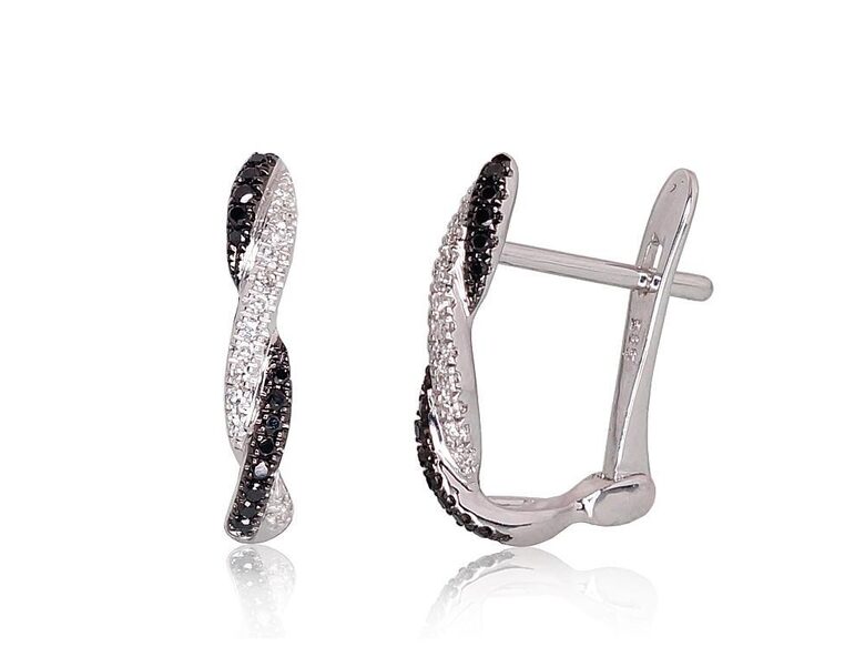 White Gold Earrings with White and Black Diamonds, 585, Rhodium Plated, 18 mm