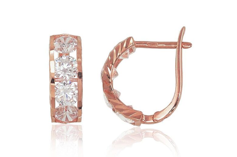 Золотые серьги с английским замком и цирконами, красное золото 585°