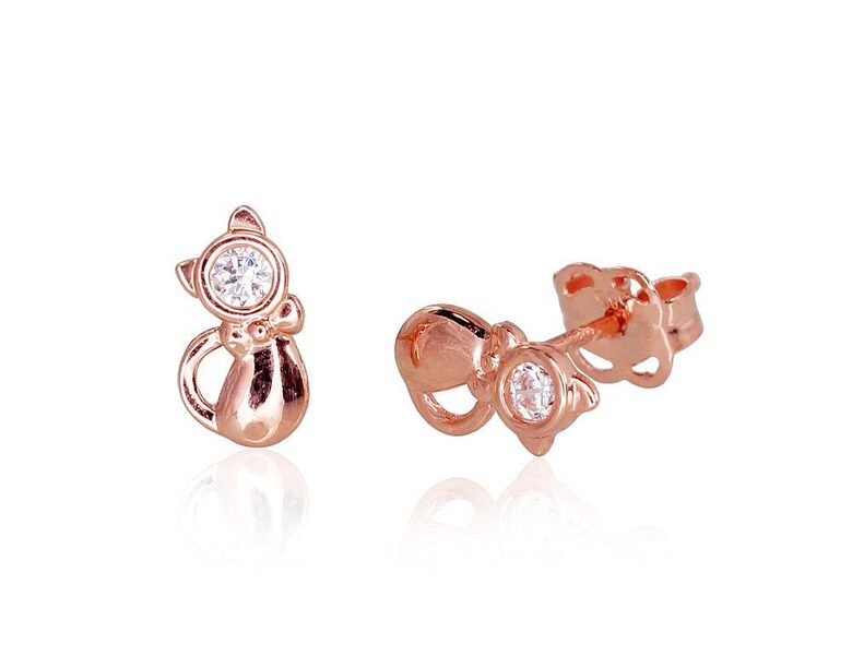 Bērnu zelta auskari-nagliņas "Kaķis", Sarkanais Zelts 585°, Cirkoni, 0.42 g, 7 mm