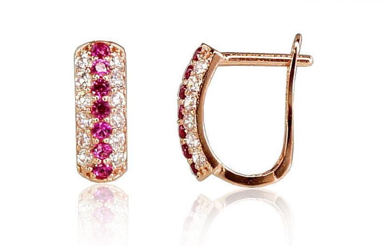 Gold Earrings with Pink Zircon and English Lock, 585 Red Gold, 12 mm