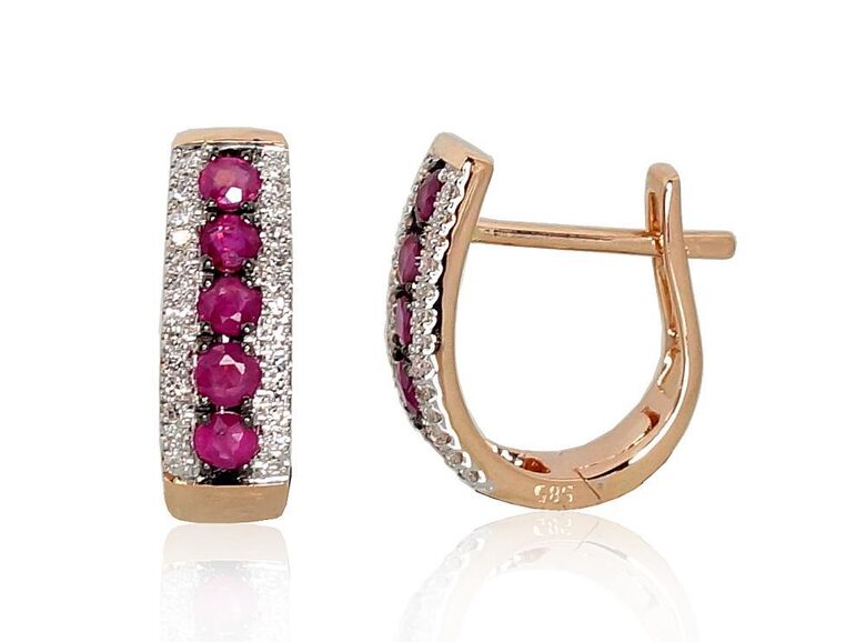 Золотые серьги с рубинами и бриллиантами, золото 585°, английский замок