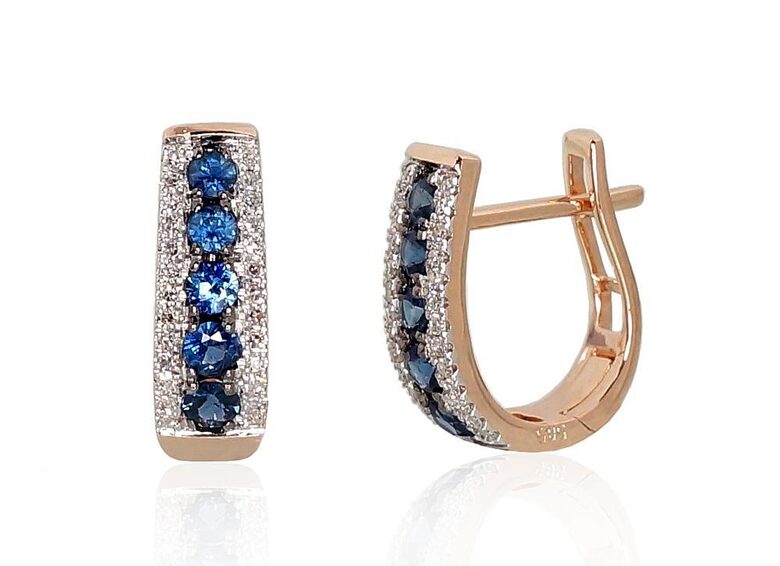 Zelta auskari ar safīriem un briljantiem, 585° sarkanais zelts, “angļu” slēdzējs