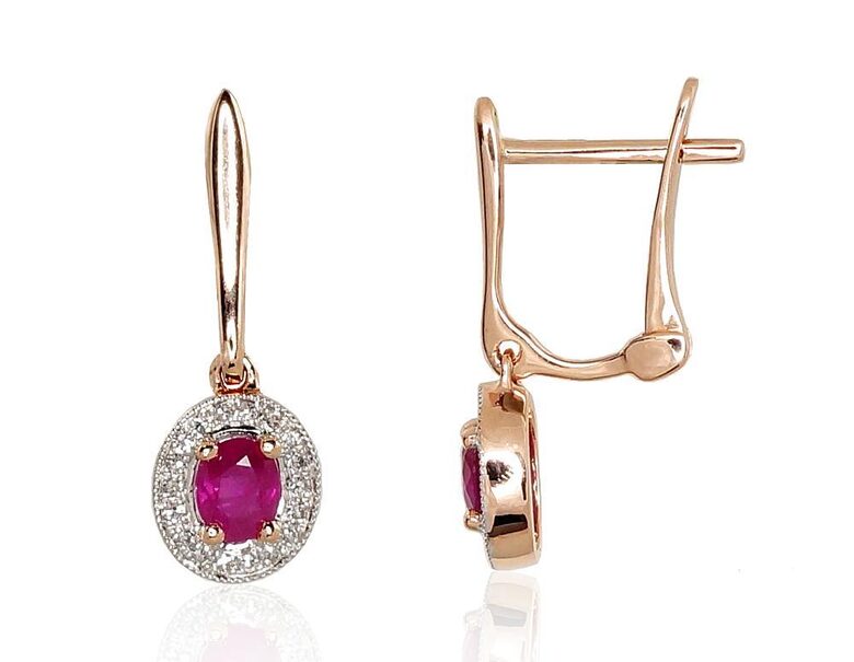 Zelta auskari ar rubīnu un briljantiem, “angļu” slēdzējs, 585° sarkanais zelts ar rodija pārklājumu, 18 mm