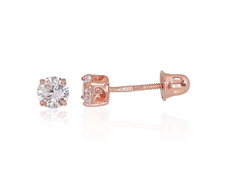 Золотые серьги-гвоздики с винтовой застёжкой и цирконами, 585 красное золото, 4 мм