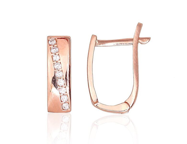 585° Red Gold Earrings with “English” Lock and Cubic Zirconia