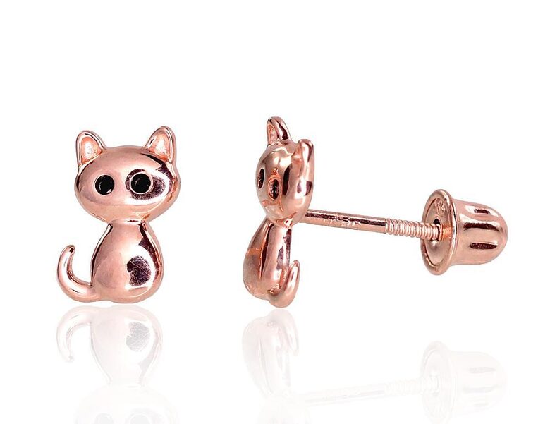 Vaikiški auksiniai pusiau vinukai „Katė“ su srieginiu užsegimu ir cirkoniais, 585 raudonas auksas, 7 mm