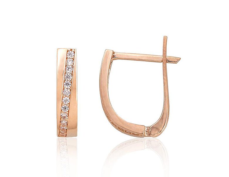 Red Gold Earrings with “English” Lock and Cubic Zirconia