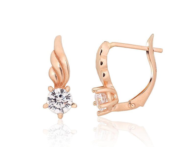 Золотые серьги с английским замком и цирконами, красное золото 585°