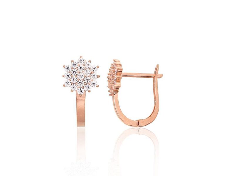 Золотые серьги с английским замком и цирконами, красное золото 585°