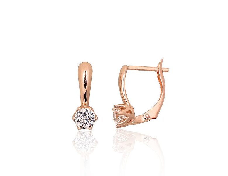 Red Gold Earrings with “English” Lock and Cubic Zirconia