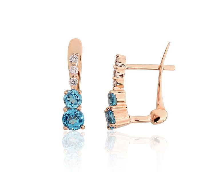 Золотые серьги с бриллиантами и голубым топазом, красное золото 585°