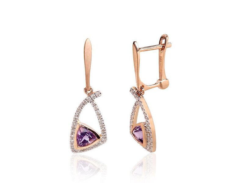 Gold Earrings with Leverback, Diamonds & Amethyst, 585 Red Gold