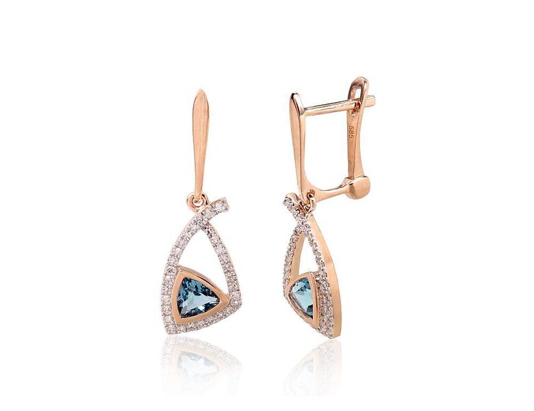 Zelta auskari ar 'angļu' slēdzi, briljanti un zilais topāzs, 585°