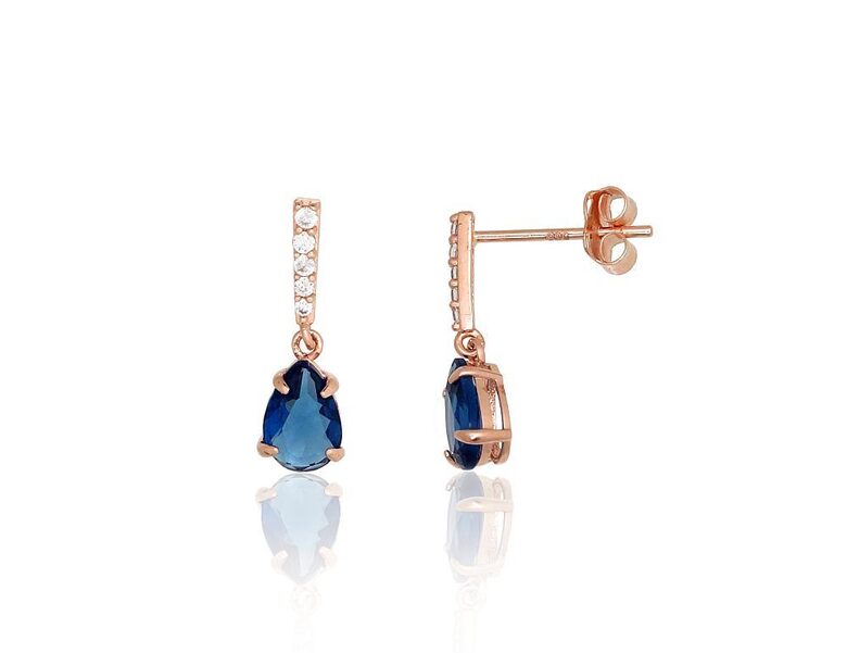 Золотые серьги-пусеты с синими цирконами, красное золото 585°