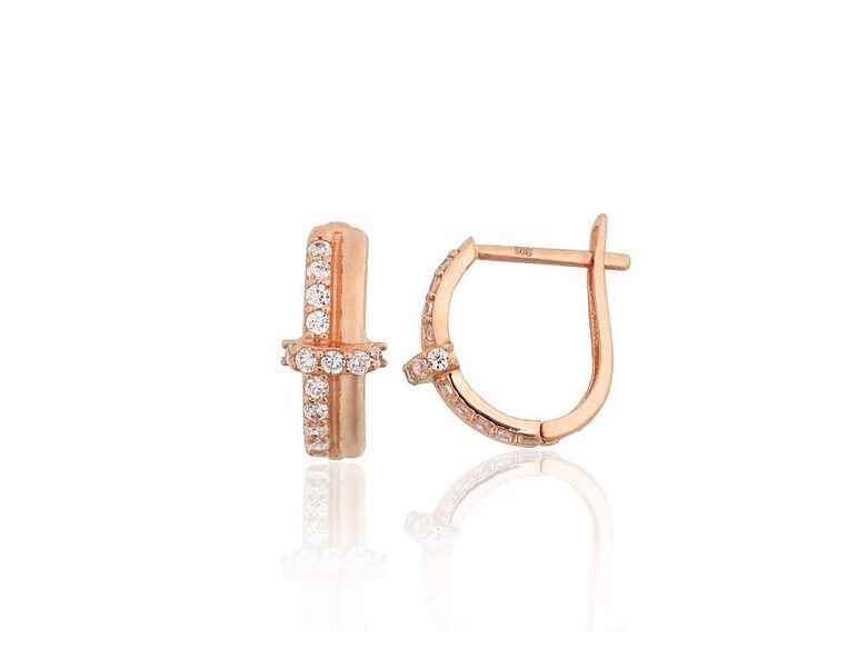 Gold Earrings with Zircons and English Lock – 585 Red Gold