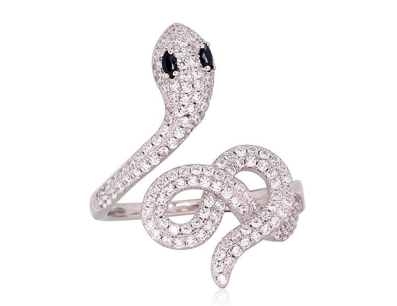 Серебряное кольцо Змея с цирконами, 925°, родиевое покрытие, размер 17