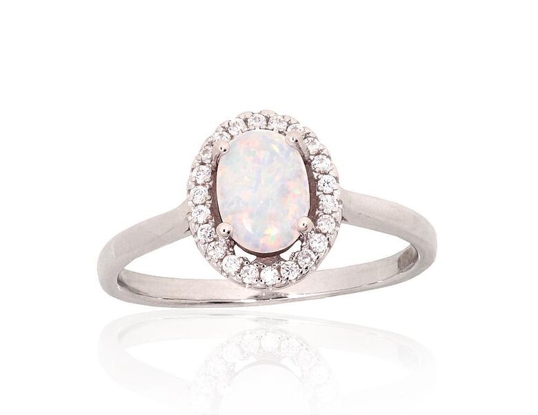 Sudraba gredzens ar opalītu un cirkoniem – 925° sudrabs ar rodija pārklājumu, 17. izm.