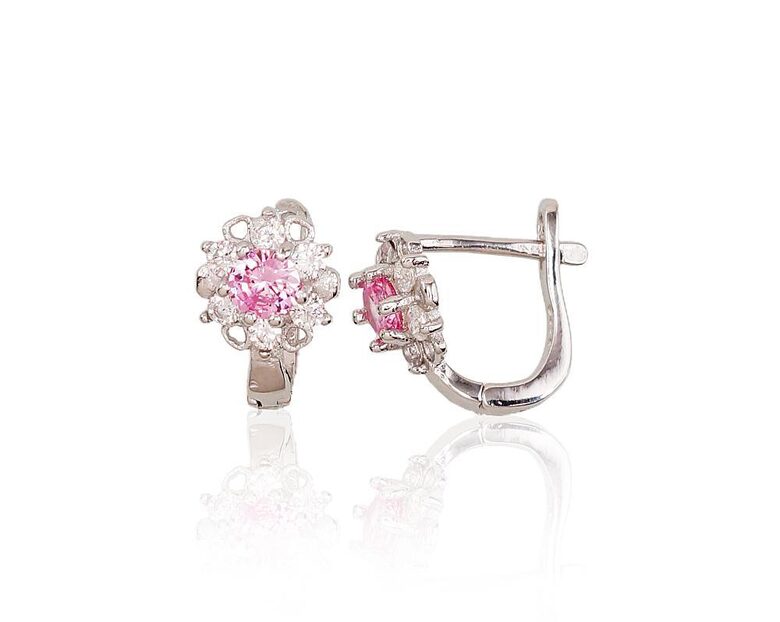 Серебряные серьги с розовыми цирконами, английский замок, серебро 925°