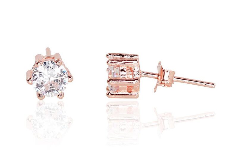 Серебряные серьги-гвоздики, серебро 925°, красное золото, цирконы, 6 мм