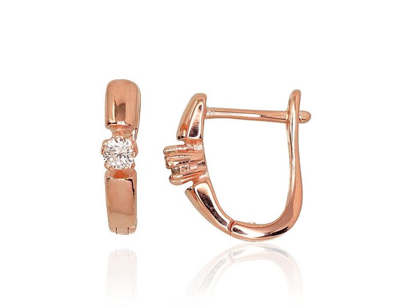 Серебряные серьги с цирконами, английский замок, серебро 925°, красное золото, 16 мм