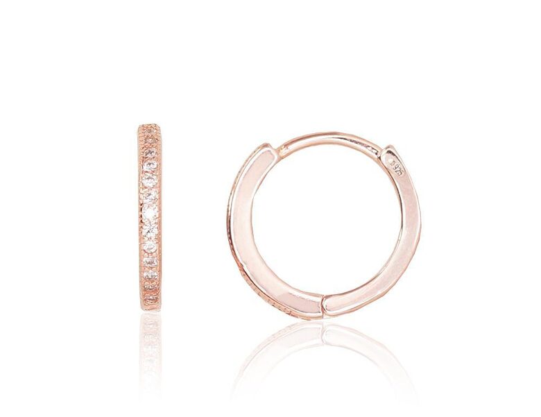 Серебряные серьги с цирконами, круглая застёжка, серебро 925°, покрытие розовым золотом