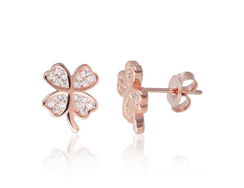 Серебряные серьги-гвоздики «Клевер» 925°, покрытие красным золотом, фианиты