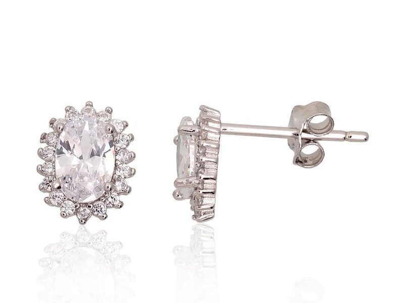 Silver Stud Earrings with Zircons, 925 Sterling Silver, Rhodium Plated