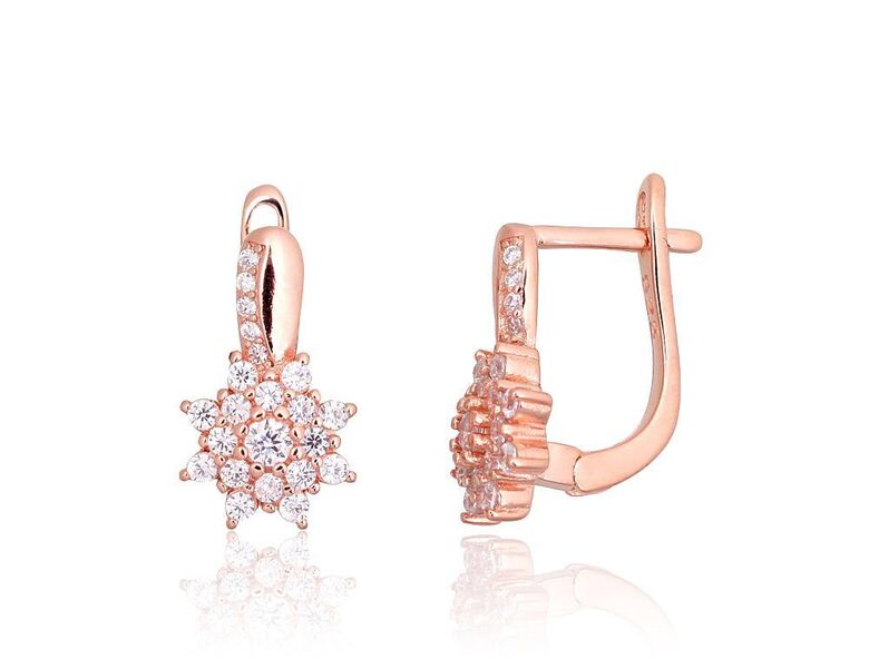 Sudraba auskari ar cirkoniem un “angļu” slēdzīti, 925° sudrabs ar sarkanā zelta pārklājumu