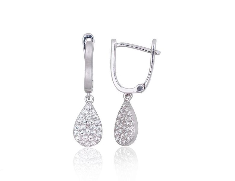 Серебряные серьги с цирконами, английская застёжка, серебро 925°, родиевое покрытие, 26 мм
