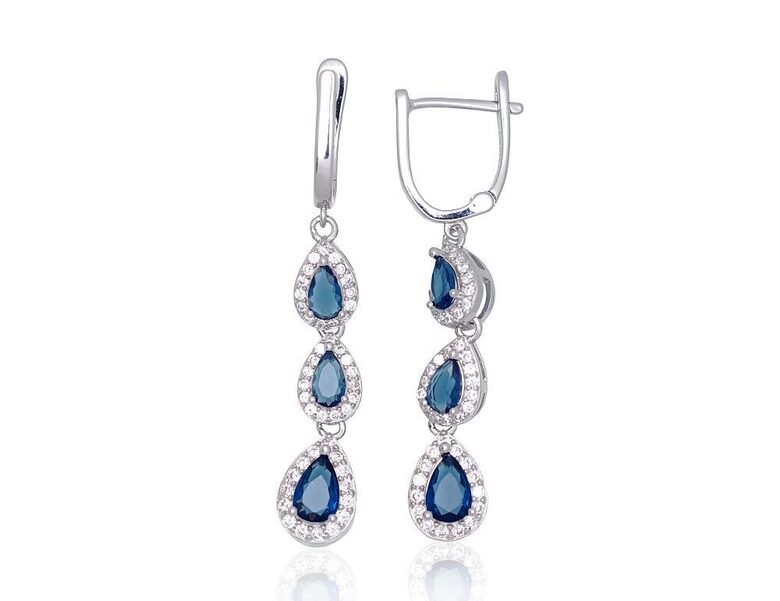 Серебряные серьги с английским замком и тёмно-синими цирконами, 925°, родиевое покрытие