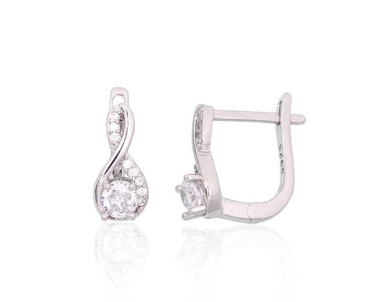 Silver Earrings with Zirconia, English Lock, 925 Silver, Rhodium Plated, 12 mm