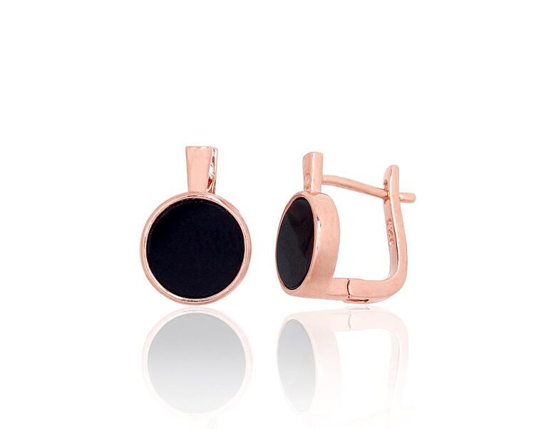 Silver Earrings with Onyx and English Lock, 925 Sterling Silver, Rose Gold Plating, 12 mm