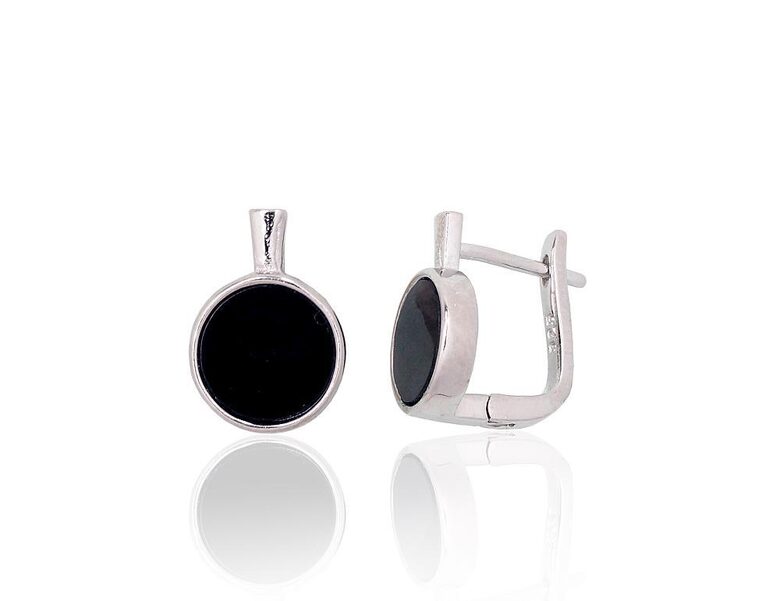 Silver Earrings with Onyx, English Lock, 925 Silver, Rhodium Plated, 12 mm