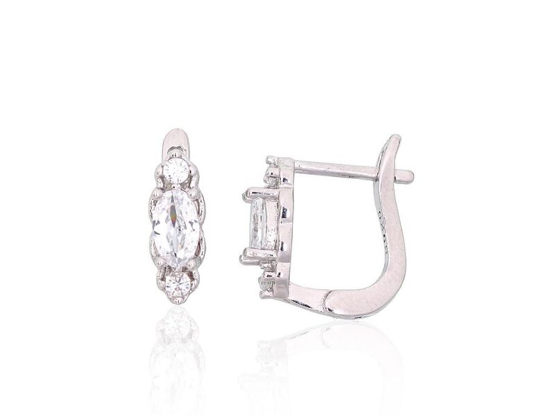 Silver Earrings with Clear Zirconia, English Lock, 925 Silver, Rhodium Plated, 11 mm