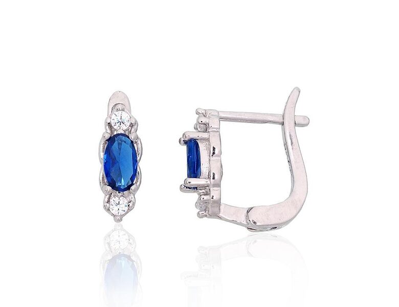 Серебряные серьги с синими цирконами, английский замок, серебро 925, родиевое покрытие, 11 мм