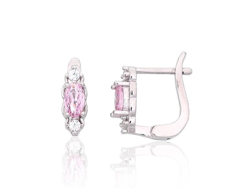 Silver Earrings with Pink Zirconia, English Lock, 925 Silver, Rhodium Plated, 11 mm