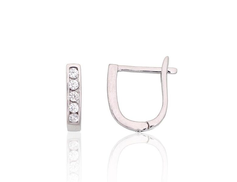 Silver Earrings with Zirconia, English Lock, 925 Silver, Rhodium Plated, 11 mm