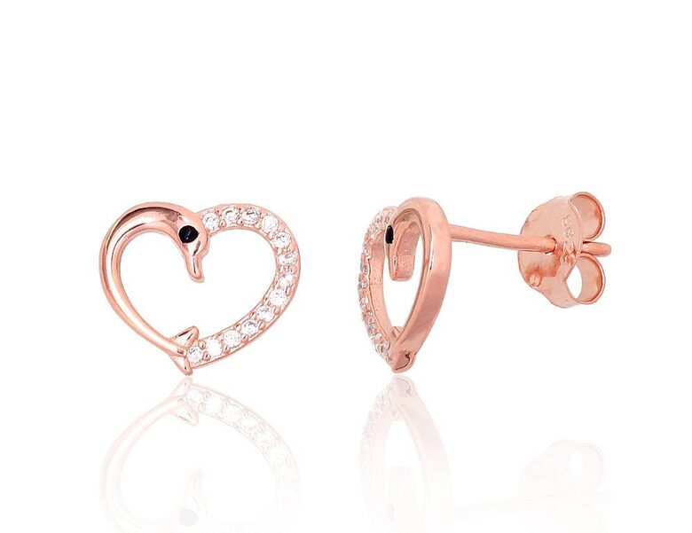 Silver Stud Earrings Swan Heart with Zircon, 925 Silver Red Gold Plated