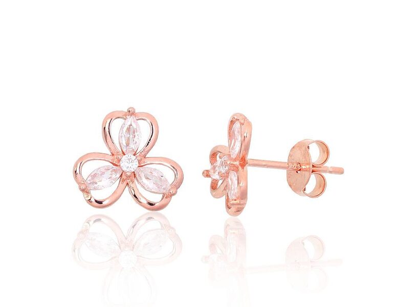 Sudraba auskari-nagliņas Zieds ar cirkoniem, 925° sudrabs ar sarkanā zelta pārklājumu