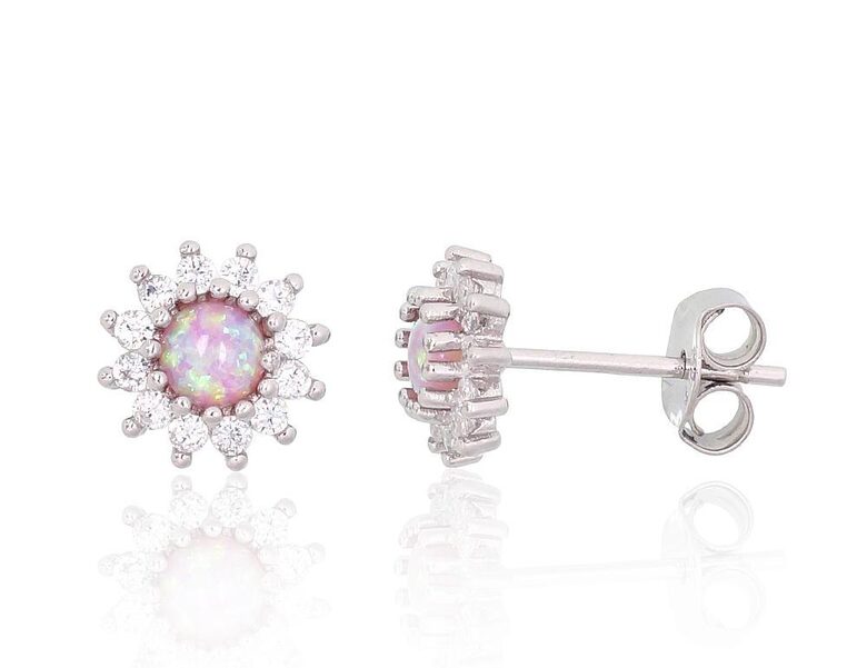 Sterling Silver Stud Earrings with Pink Opalite and Zircons
